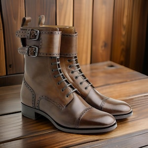 Handmade Bespoke Men&#39;s Brown Genuine Leather Cap Toe Lace Up With Double Straps Boots