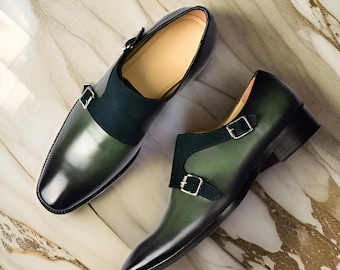 Bespoke Handmade Men's Green Color Monk Straps  Stylish Oxford Shoes