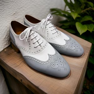 Bespoke Handmade Double Tone Grey & White Color Wing Tip Lace Up Brogue Oxford Shoes