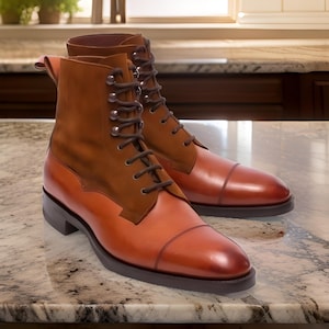 Handmade Bespoke Men&#39;s Tan Color Genuine Leather Upper Suede Cap Toe Lace Up Boots