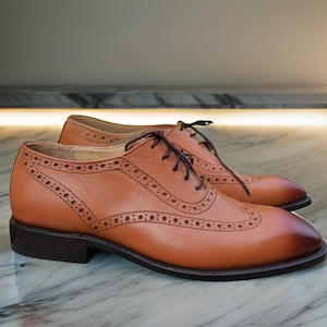 Bespoke Handmade Tan Color Wing Tip Cap Toe Lace Up Brogue Oxford Shoes