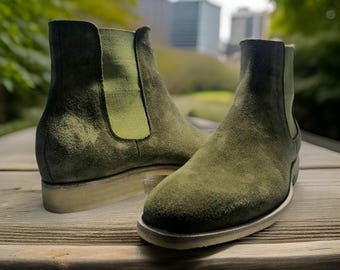 Bespoke Men Hand Crafted Green Suede Chelsea Ankle High Casual Boots