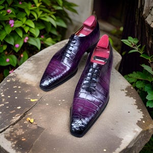 Bespoke Handmade Men&#39;s Stylish Purple Color  Crocodile Texture Wing Tip Lace Up Leather Shoes