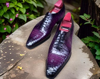 Bespoke Handmade Men's Stylish Purple Color  Crocodile Texture Wing Tip Lace Up Leather Shoes