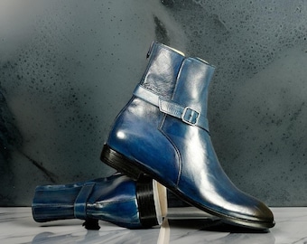 Handmade Bespoke Men's Blue Genuine Leather Cap Toe Upper Strap Ankle High Boots