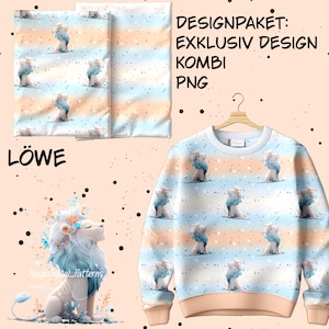 May include: A long-sleeve sweatshirt featuring a repeating pattern of a white lion with a blue mane adorned with flowers, set against a background of horizontal peach and light blue stripes with black dots. Text reads DESIGNPAKET EXKLUSIV DESIGN KOMBI PNG LÖWE.