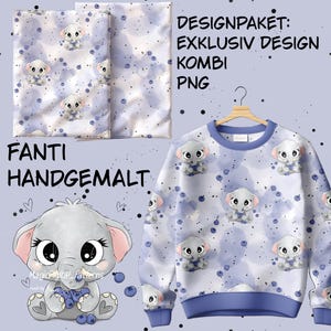 May include: A light blue sweatshirt featuring a repeating pattern of cartoon elephants and blueberries. The image includes text reading DESIGNPAKET EXKLUSIV DESIGN KOMBI PNG and FANTI HANDGEMALT, alongside a large illustration of a single elephant.