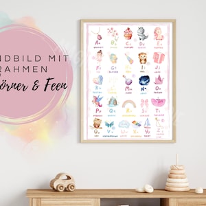 ABC Alphabet Wandbild auf hochwertigen Holzrahmen - ABC Poster Feen & Einhörner - Perfekt fürs Prinzessinnen Mädchen Kinderzimmer - Geschenk