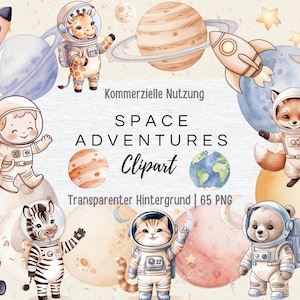 Paquete de imágenes prediseñadas de animales espaciales lindos de acuarela, decoración neutra para bebés, imágenes prediseñadas de guardería de astronautas, nave espacial, planetas originales Tierra Saturno Marte