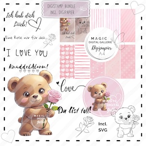 Paquete de digistamp con papel digital | Oso rosa para ti | Sello de clipart, papel digital A4 | Archivo vectorial SVG para plotter | Trazado | Tarjetas