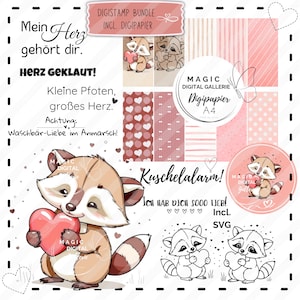 Paquete Digistamp que incluye papel digital | Corazón de amor de mapache | Sello de clipart, papel digital A4 | Archivo de trazador vectorial SVG | Trazando | Tarjetas
