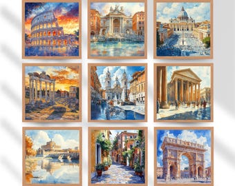 Square Rome Watercolor Art Set of 9, Vibrant Cityscape Wall Art, Italian Urban Decor, Digital Download