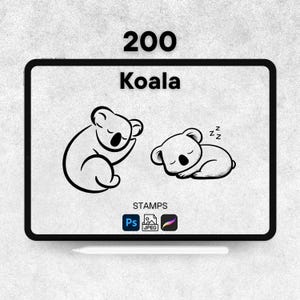 Pode incluir: Arte digital de dois selos de coala. Um coala está sentado e o outro a dormir. A palavra "Koala" está acima das ilustrações de coalas, com o número "200" acima da palavra "Koala". A palavra "STAMPS" está abaixo.
