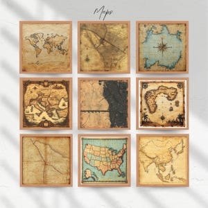 Juego de 9 mapas vintage cuadrados, arte de pared imprimible, decoración de viajes antigua, mapas imprimibles, arte de pared digital, descarga digital