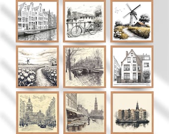 Square Amsterdam Sketch Art Set of 9, Black and White Netherlands Wall Art, Minimalist European Decor for Living Room or Office