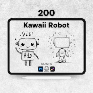 May include: Digital art illustration of two Kawaii robots. One robot is waving with the word "Helo" on its body. The other robot has a box-shaped head with a small antenna. The text "200 Kawaii Robot" is at the top.