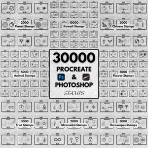 May include: A grid of digital stamps for Procreate and Photoshop, featuring various themes. Includes stamps of planets, kawaii characters, animals, flowers, fruits, minimalist designs, and horoscopes. The central text reads "30000 Procreate & Photoshop Stamps."
