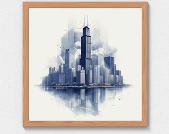 Square Modern Chicago Skyline Wall Art, Willis Tower and Urban Line Art, Printable Decor, Digital Download