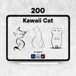 May include: A digital tablet shows the text "200 Kawaii Cat" above three black line art cat illustrations. The word "STAMPS" is below the illustrations, with icons for Photoshop and JPEG files.