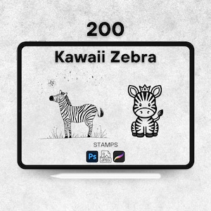 May include: A digital tablet displays "200 Kawaii Zebra" stamps. The image features two zebra illustrations, one standing and one sitting, with a crown. The tablet also shows the Photoshop and JPEG icons.