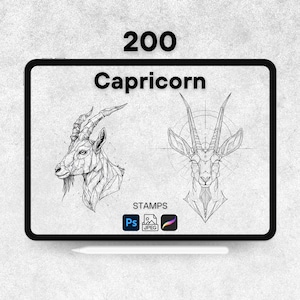 Könnte beinhalten: Ein digitales Tablet zeigt zwei Steinbock-Illustrationen, einen Ziegenkopf und einen stilisierten Antilopenkopf, mit dem Wort "Steinbock" darüber. Die Zahl "200" steht oben. Das Tablet zeigt auch "STAMPS" und Symbole für Photoshop und JPEG.