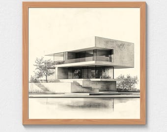 Square Minimalist Architectural Wall Art, Modern Building Line Art Design, Printable Digital Art, 30x30 Inch
