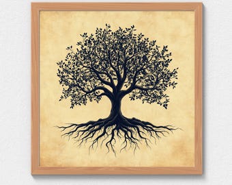 Square Minimalist Tree of Life Wall Art, Modern Line Art with Subtle Texture, Printable Digital Art, 30x30 Inch