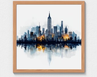 Square Modern New York City Skyline Wall Art, Geometric Skyscraper Line Art Design, Printable Decor, Digital Download