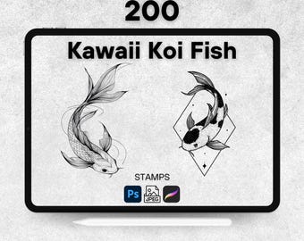 May include: Digital art of two Kawaii Koi Fish stamps. One fish is black and white, the other is black and white with a diamond pattern. The text "200 Kawaii Koi Fish" is at the top. The image includes stamps for Photoshop and JPEG.