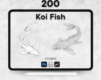 May include: Digital illustration of two koi fish on a tablet screen. The text "200 Koi Fish" is displayed at the top. The image includes stamps for Photoshop and JPEG formats. A stylus is at the bottom.