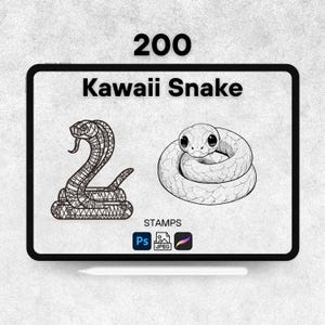 May include: Digital art stamps featuring two Kawaii snake illustrations. One snake is upright with detailed patterns, the other is coiled. The text "200 Kawaii Snake" is displayed above the images, with "STAMPS" and software icons below.