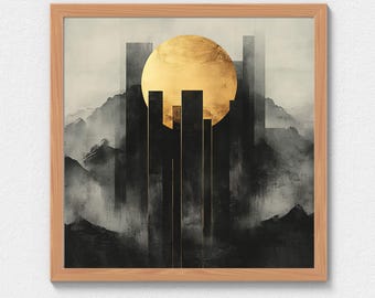 Square Abstract Geometric Composition Wall Art, Modern Monochrome Design with Gold Accents, Printable Digital Art, 30x30 Inch