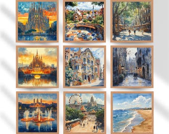 Square Barcelona Watercolor Art Set of 9, Vibrant Cityscape Wall Art, Spanish Urban Decor, Digital Download