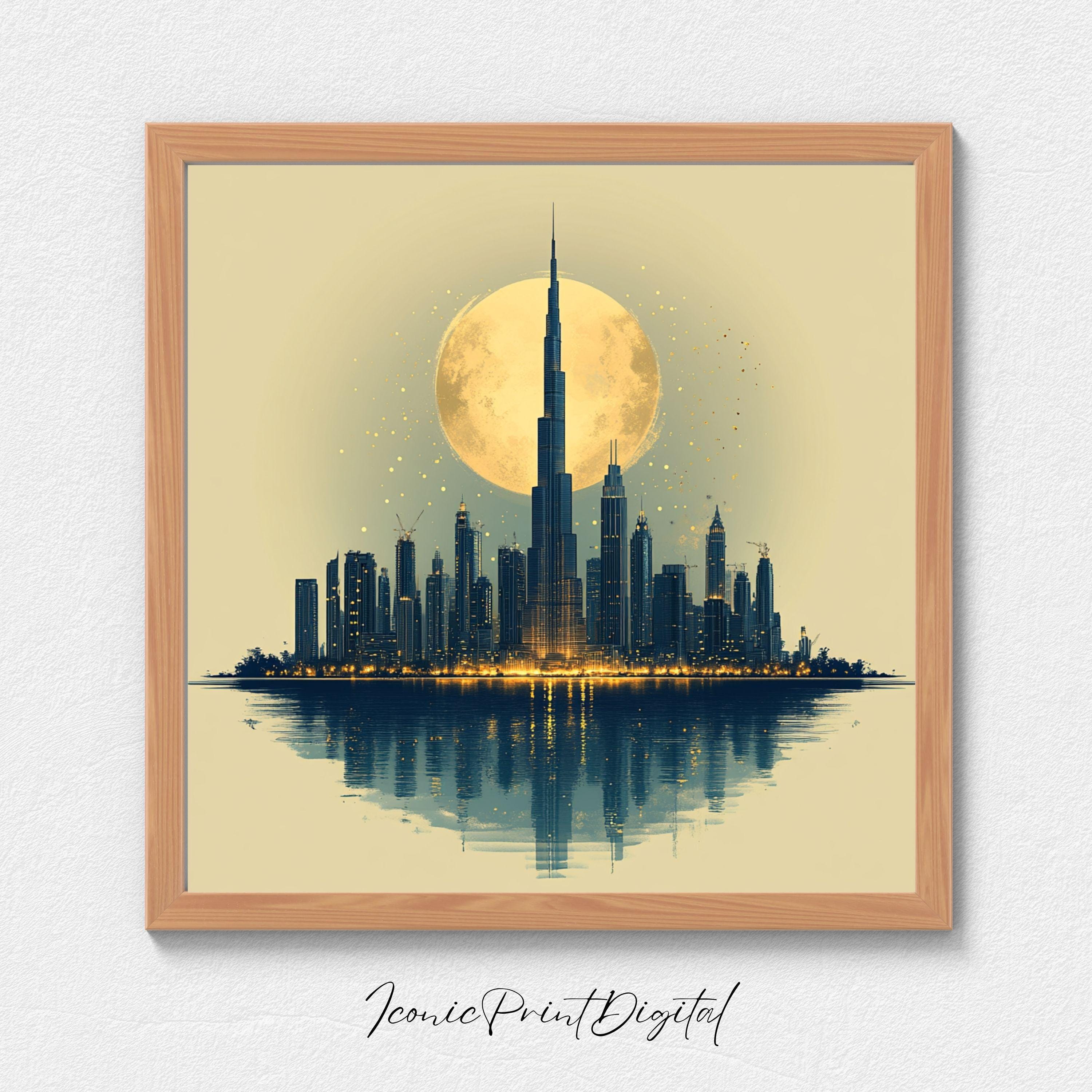 Square Modern Dubai Skyline Wall Art, Sleek Burj Khalifa Line Art Illustration, Printable Urban Decor, Digital Download