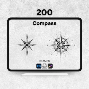 Könnte beinhalten: Ein digitales Tablet zeigt zwei Kompassrosen-Designs in Schwarz und Weiß. Das Wort "Compass" steht über den Designs, darüber die Zahl "200". Das Wort "STAMPS" steht darunter, mit Symbolen für Photoshop, JPEG und Procreate.