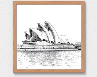 Square Sydney Opera House Sketch Art, Black and White Printable Wall Art
