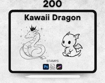 200 sellos de dragón kawaii para Procreate, pinceles de dragón para Procreate, sellos de dragón para Photoshop, sellos digitales de dragón