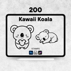 Pode incluir: Ilustração digital de dois selos de coala kawaii em preto e branco. Um coala segura um coração, o outro está dormindo. O texto "200 Kawaii Koala" está no topo, com "STAMPS" e ícones de software abaixo.
