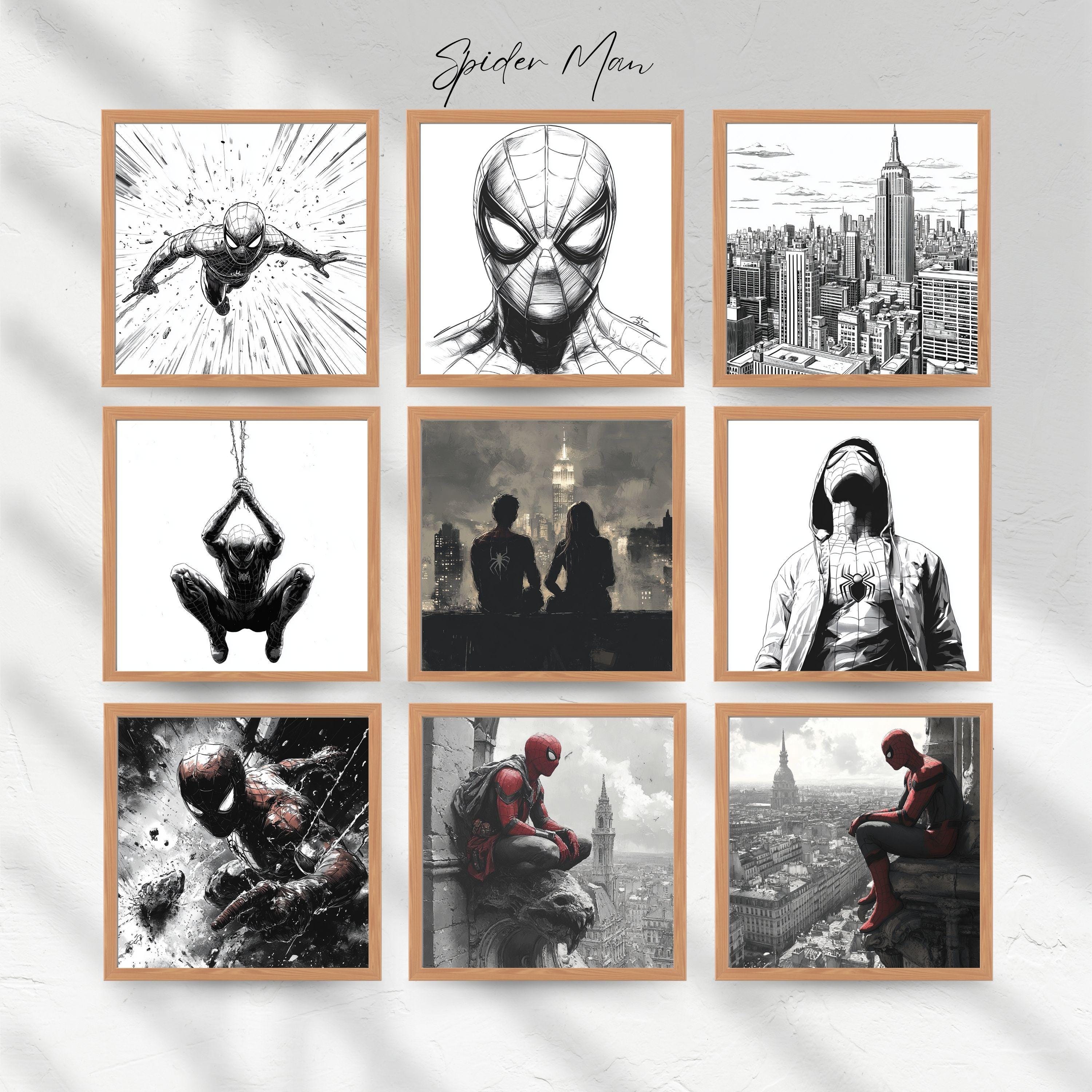 Square Spider-Man Movie-Inspired Sketch Art Set of 9, Black and White Printable Wall Art, Minimalist Hero Decor, Digital Download