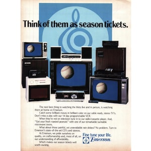 May include: A vintage print advertisement for Emerson electronics. The ad features a variety of Emerson products, including televisions, VCRs, stereos, and a microwave oven. The ad's tagline is "Fine tune your life. Emerson."
