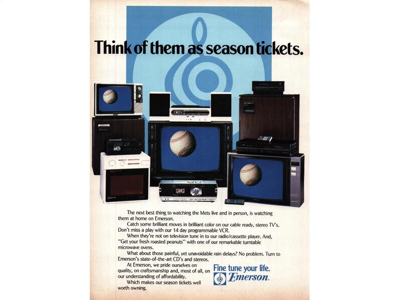 May include: A vintage print advertisement for Emerson electronics. The ad features a variety of Emerson products, including televisions, VCRs, stereos, and a microwave oven. The ad's tagline is "Fine tune your life. Emerson."