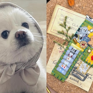 以下が含まれることがあります： 薄い茶色のスカーフを巻いた白いふわふわの犬。犬はカメラを見つめている。背景には、緑と白の模様のついた様々な装飾が施された腕時計のバンドのアップ画像がある。