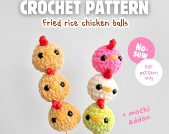 May include: Crochet pattern for fried rice chicken balls. The pattern is no-sew and includes a mochi addon. The image shows two sets of three crocheted chicken balls on skewers.