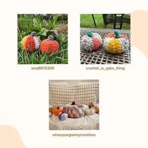 May include: Three crocheted pumpkins in various colours, including orange, yellow, and blue. The pumpkins are arranged on a white surface with a white cushion behind them. The text "whosyourgrannycreations" is visible below the pumpkins.