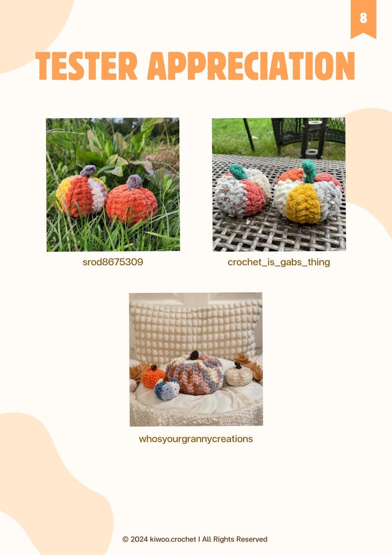 May include: Three crocheted pumpkins in various colours, including orange, yellow, and blue. The pumpkins are arranged on a white surface with a white cushion behind them. The text "whosyourgrannycreations" is visible below the pumpkins.