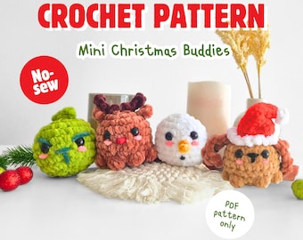 May include: A crochet pattern image featuring four mini Christmas buddies: a green Grinch, a brown reindeer, a white snowman, and a brown dog wearing a Santa hat. The text "CROCHET PATTERN" and "Mini Christmas Buddies" are displayed at the top.