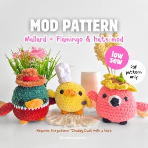 PATTERN MOD – Flamingo & Mallard + 3Hats | PDF Addon Pattern | Funny Duck Friends | Häkelanleitung (requires Chubby Duck with Knife pattern)
