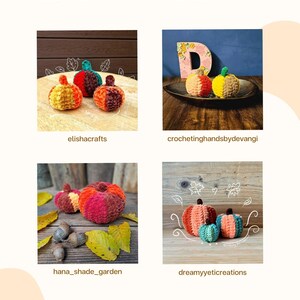 May include: Four crocheted pumpkins in various colours, including orange, yellow, red, and teal. The pumpkins are displayed on a wooden surface with autumn leaves and acorns.