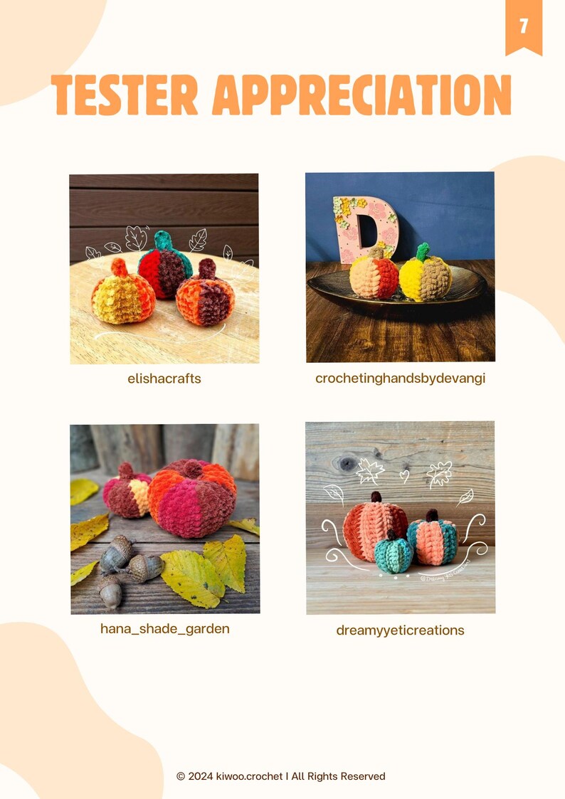 May include: Four crocheted pumpkins in various colours, including orange, yellow, red, and teal. The pumpkins are displayed on a wooden surface with autumn leaves and acorns.