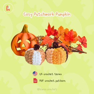 May include: Cozy Patchwork Pumpkin crochet pattern written in US crochet terms. The pattern features two crocheted pumpkins in brown, orange, and white. The pumpkins are displayed against a green background with autumn leaves.